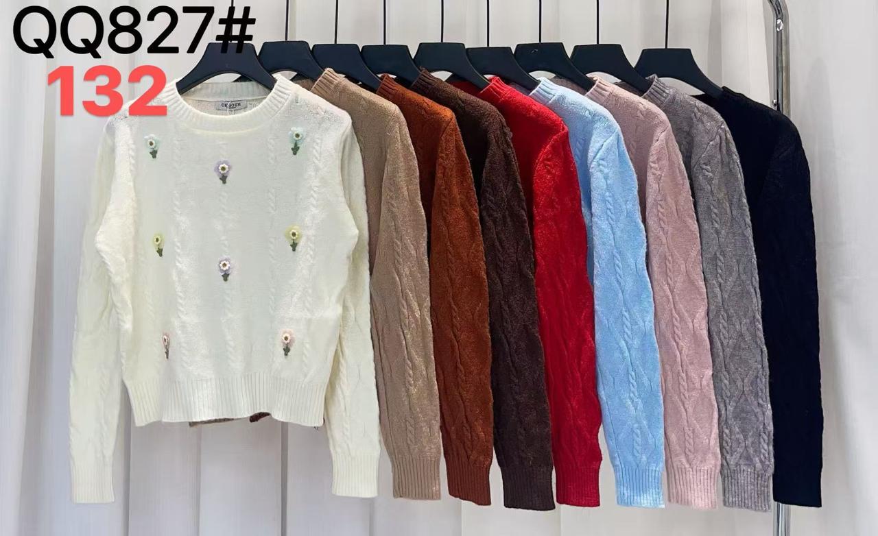 Suéter de punto con flores bordadas-QQ827