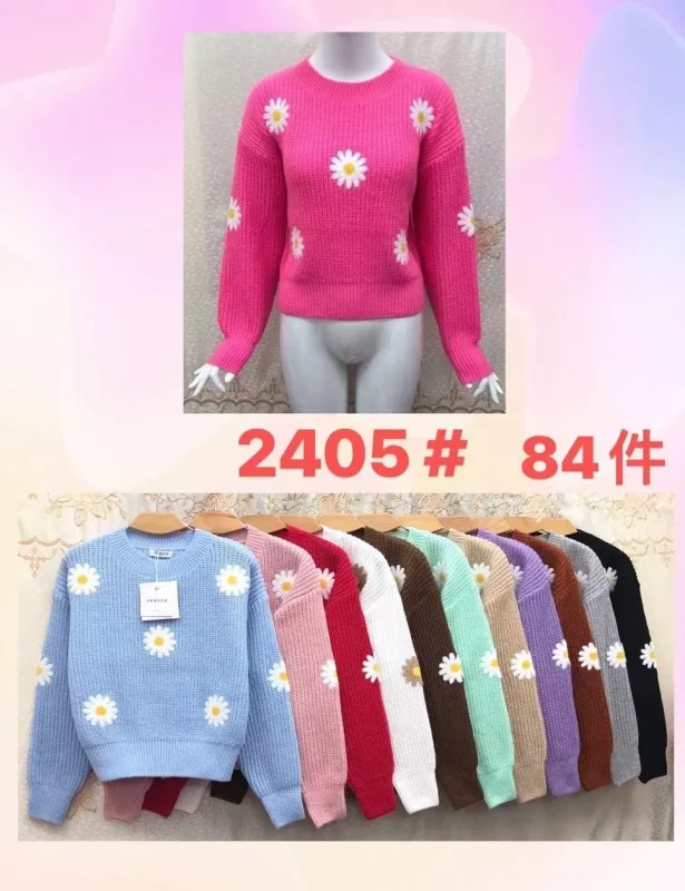 Suéter tejido con diseño de margaritas para mujer-2405