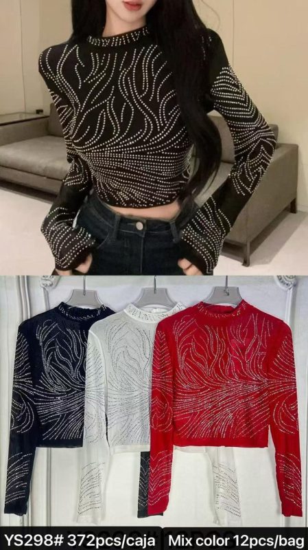 Top de manga larga con detalles de pedrería-YS298