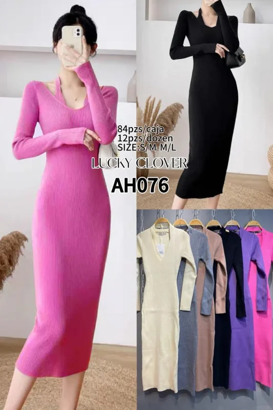 Vestido ajustado de punto canalé con cuello en V-AH076