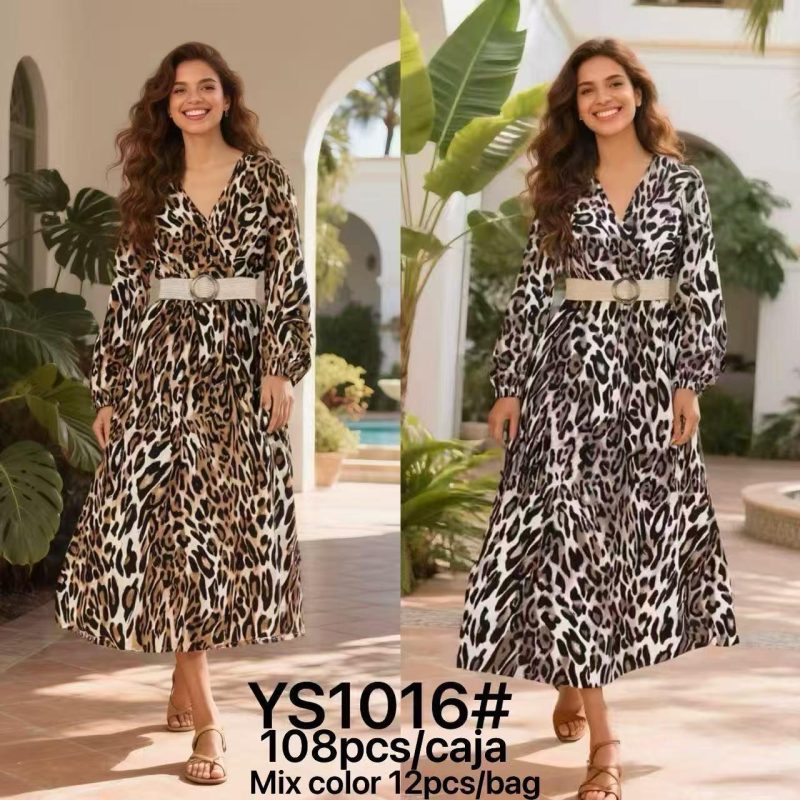 Vestido largo con estampado de leopardo y cinturón-YS1016