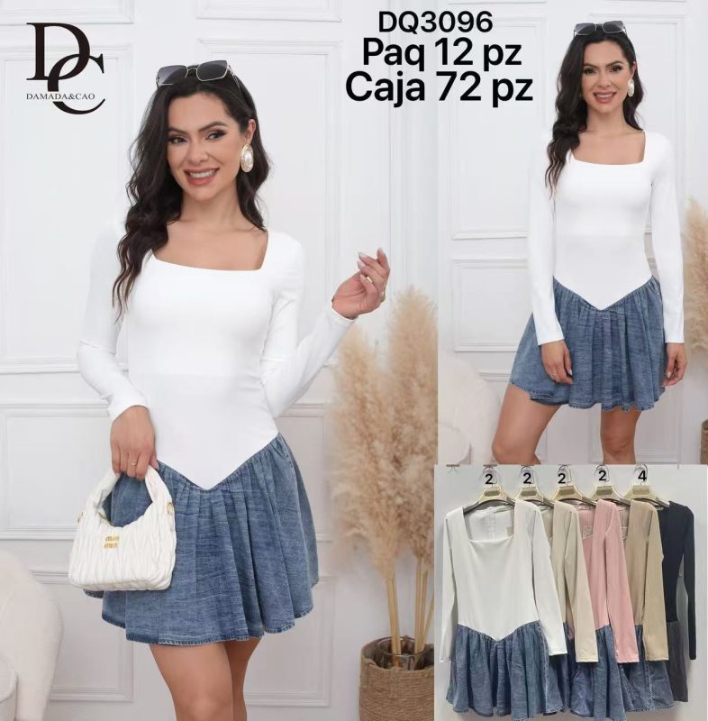 Vestido con top blanco de manga larga y falda de mezclilla-DQ3096