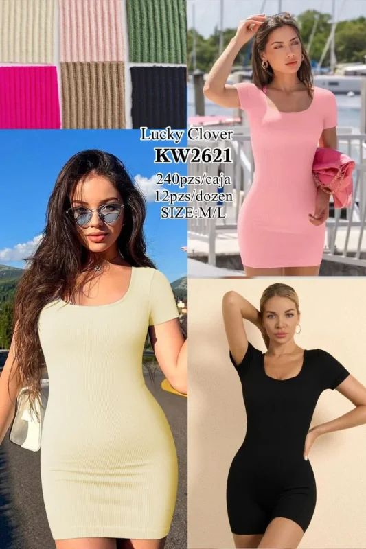 Vestido Corto de Canalé Manga Corta-KW2621