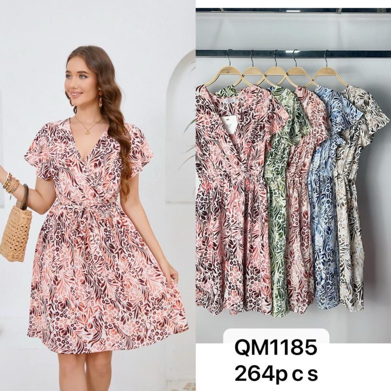 Vestido corto estampado con cinturón-QM1185