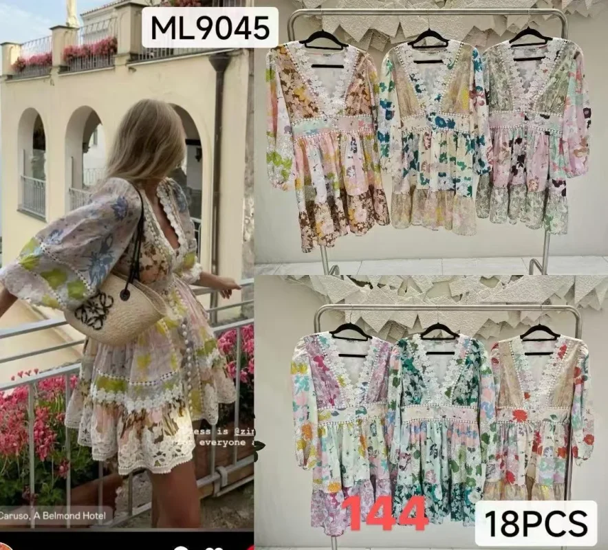 Vestido corto estampado con encaje-ML9045