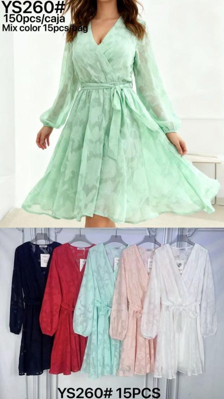 Vestido cruzado con cinturón y mangas largas-YS260