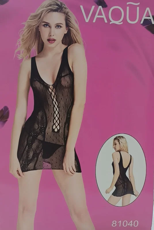 Vestido de lencería negro de malla con detalles-81040