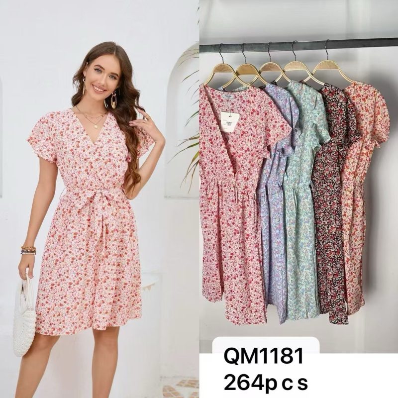 Vestido floral con cinturón-QM1181