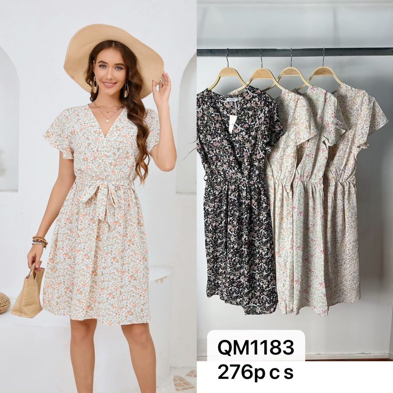 Vestido floral con cinturón-QM1183