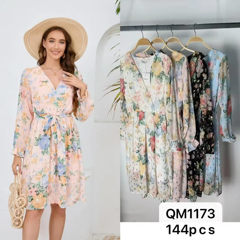 Vestido floral de manga larga con cinturón-QM1173