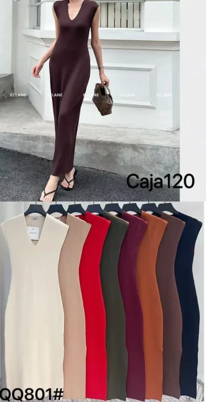 Vestido largo con cuello en V-QQ801