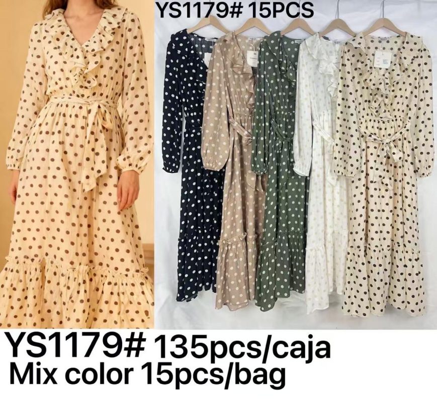 Vestido largo con volantes y estampado de lunares-YS1179