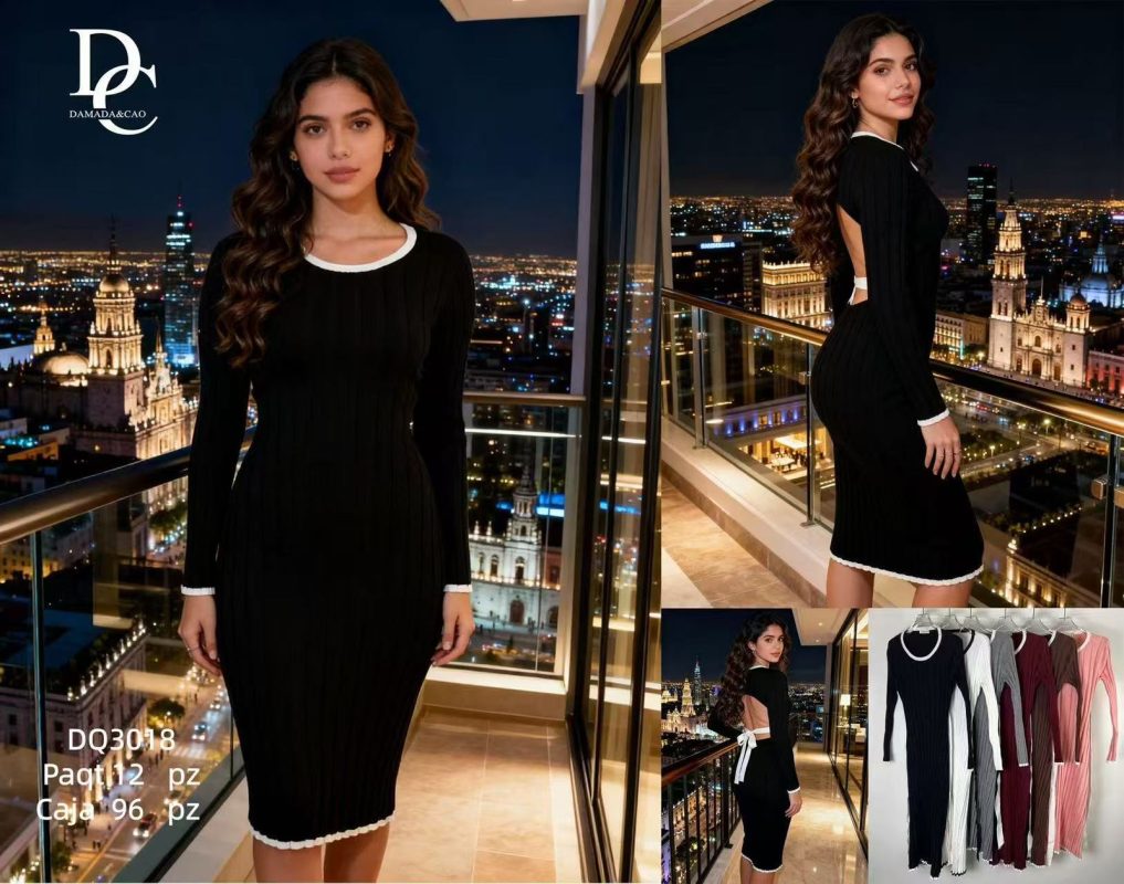 Vestido midi con ribete blanco-DQ3018