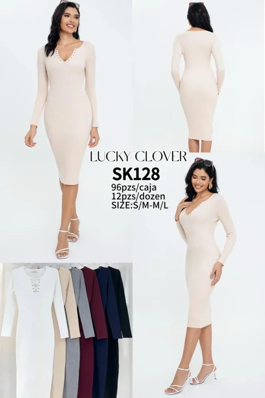 Vestido midi de manga larga con detalle en cuello-SK128