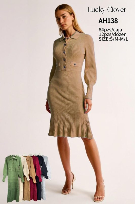 Vestido tejido acanalado con botones-AH138