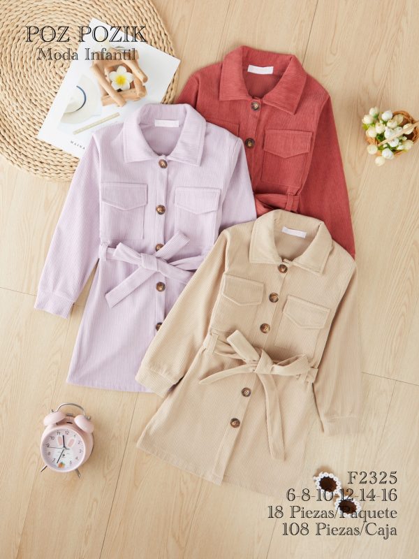 Vestido tipo camisa de pana con cinturón-F2325