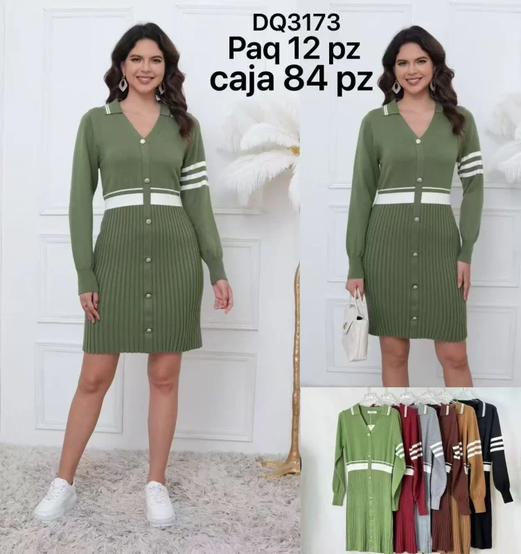 Vestido tipo cárdigan con botones y rayas deportivas-DQ3173